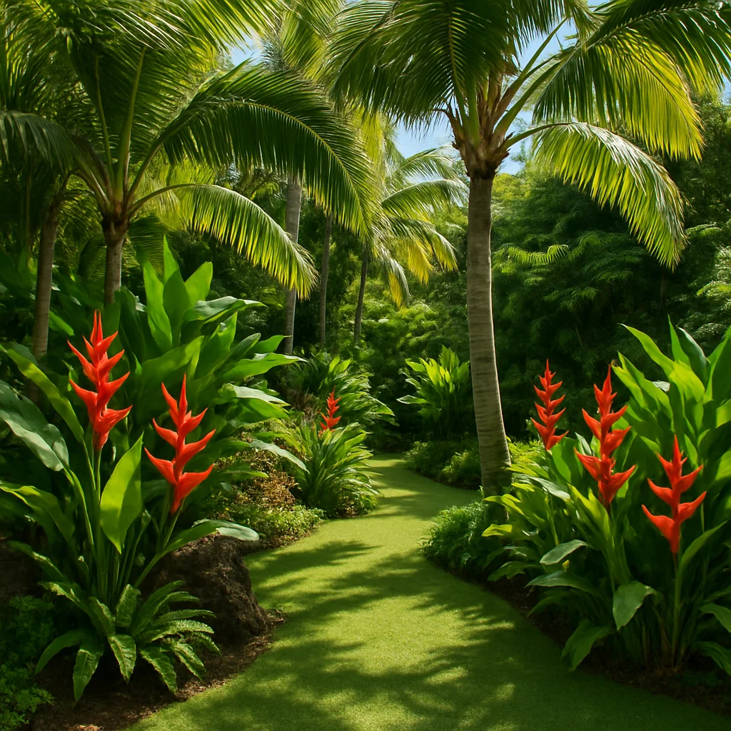 A lush backyard tropical garden on the mainland featuring giant bird of paradise, red anthuriums, and flowering plumeria in large ceramic planters surrounded by volcanic lava rock edging